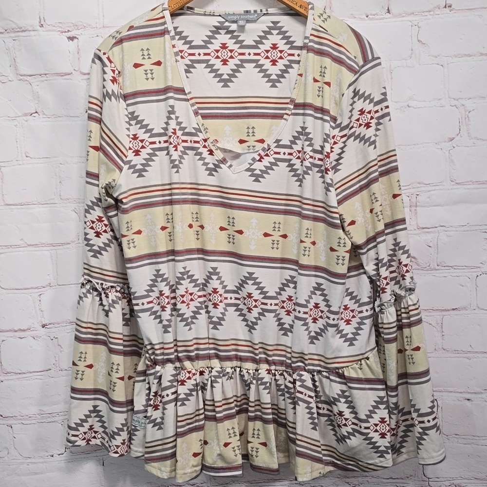 Simply Southern Tunic Aztec Western Top Womens XL V-Neck 3/4‎ Balloon Sleeve